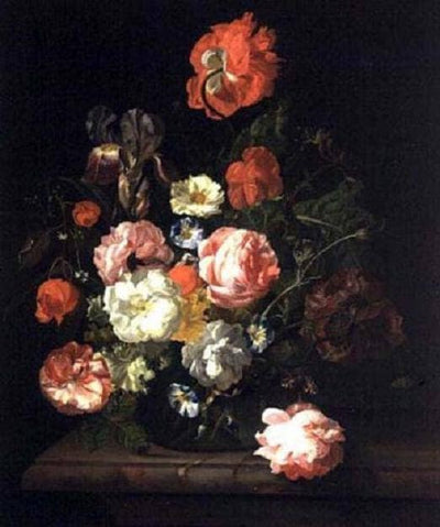 Flowers in a Glass Vase on a Marble Slab by Rachel Ruysch — oil painting reproduction