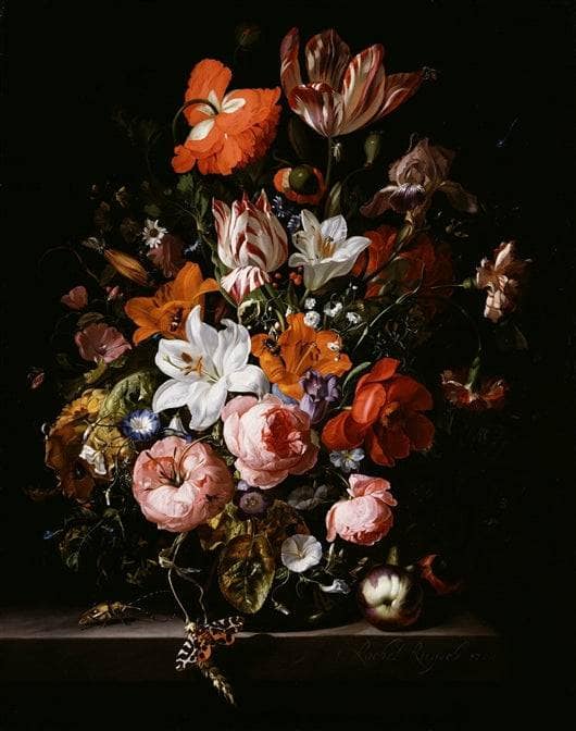 Flowers in a Glass Vase on a Marble Table by Rachel Ruysch — hand-painted botanical oil painting reproduction on canvas