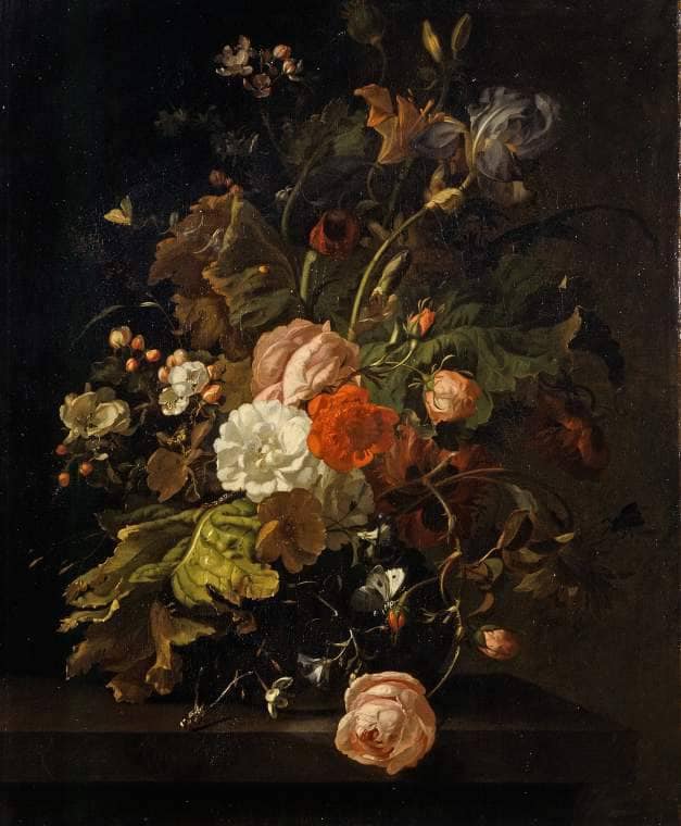 Flowers in a Glass Vase, on a Stone Table by Rachel Ruysch — hand-painted botanical oil painting reproduction on canvas