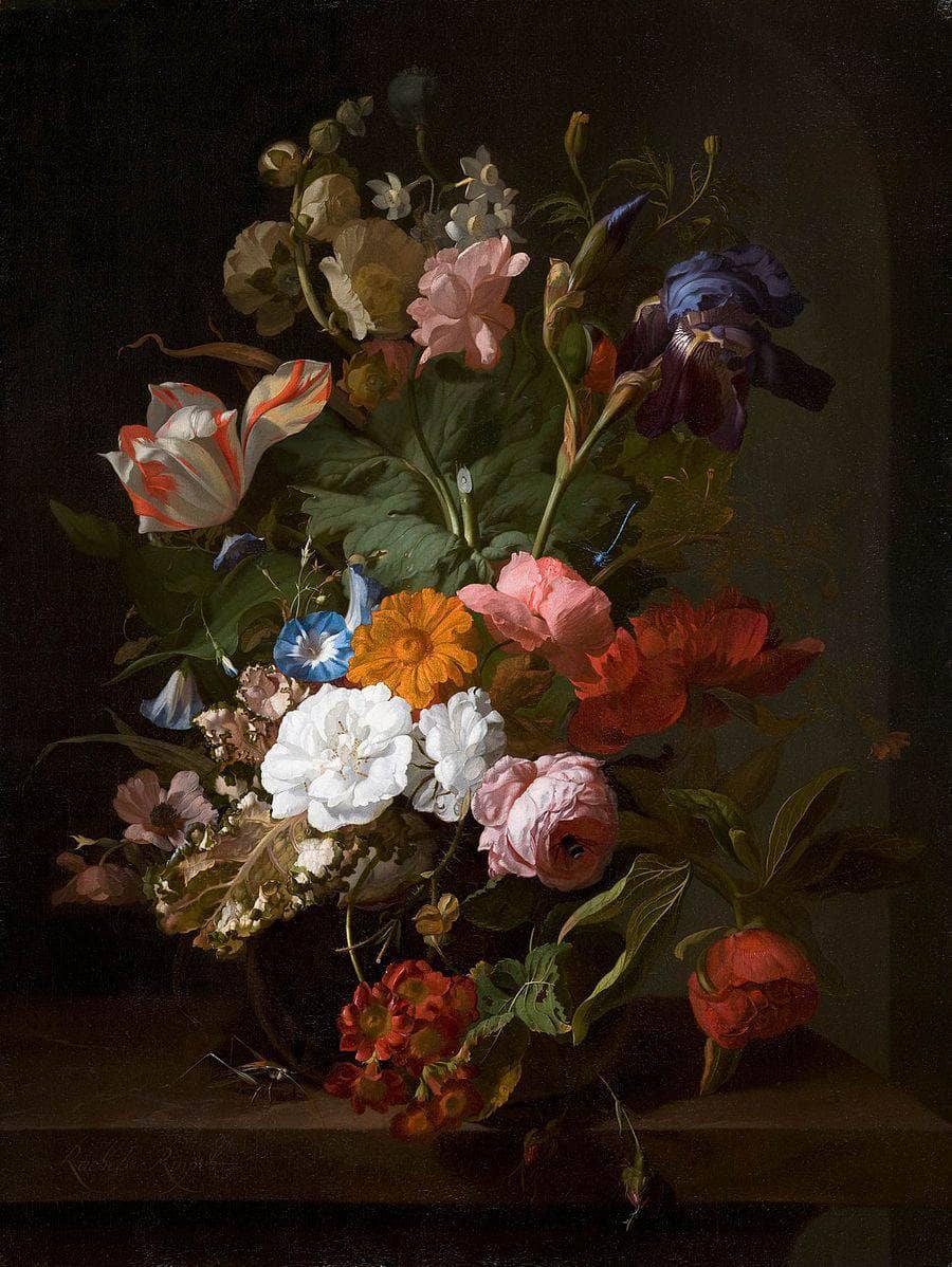 Flowers in a Glass Vase, with a Cricket in a Niche by Rachel Ruysch — hand-painted botanical oil painting reproduction on canvas