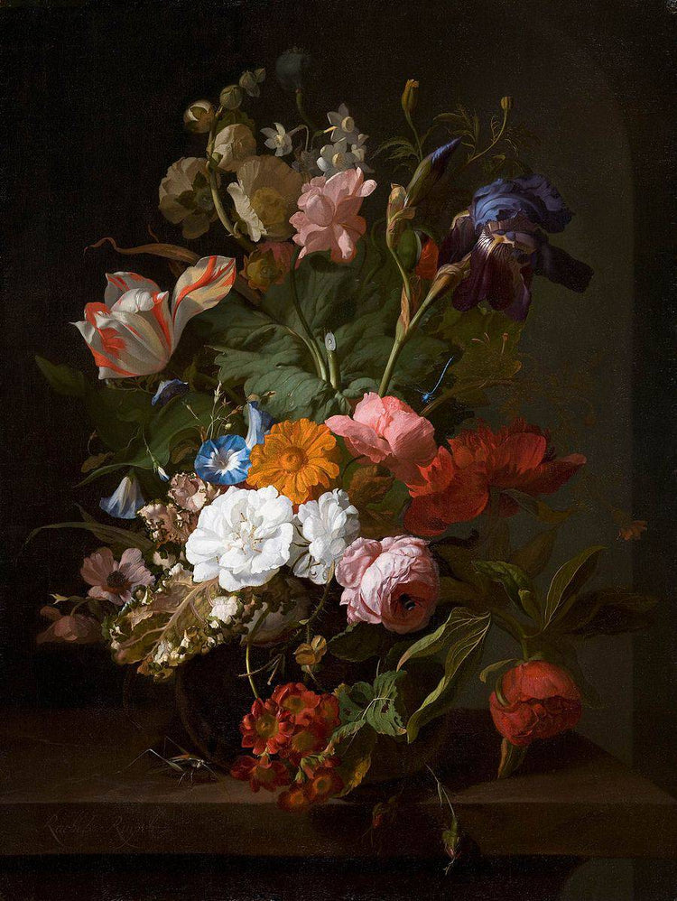 Flowers in a Glass Vase, with a Cricket in a Niche - Rachel Ruysch