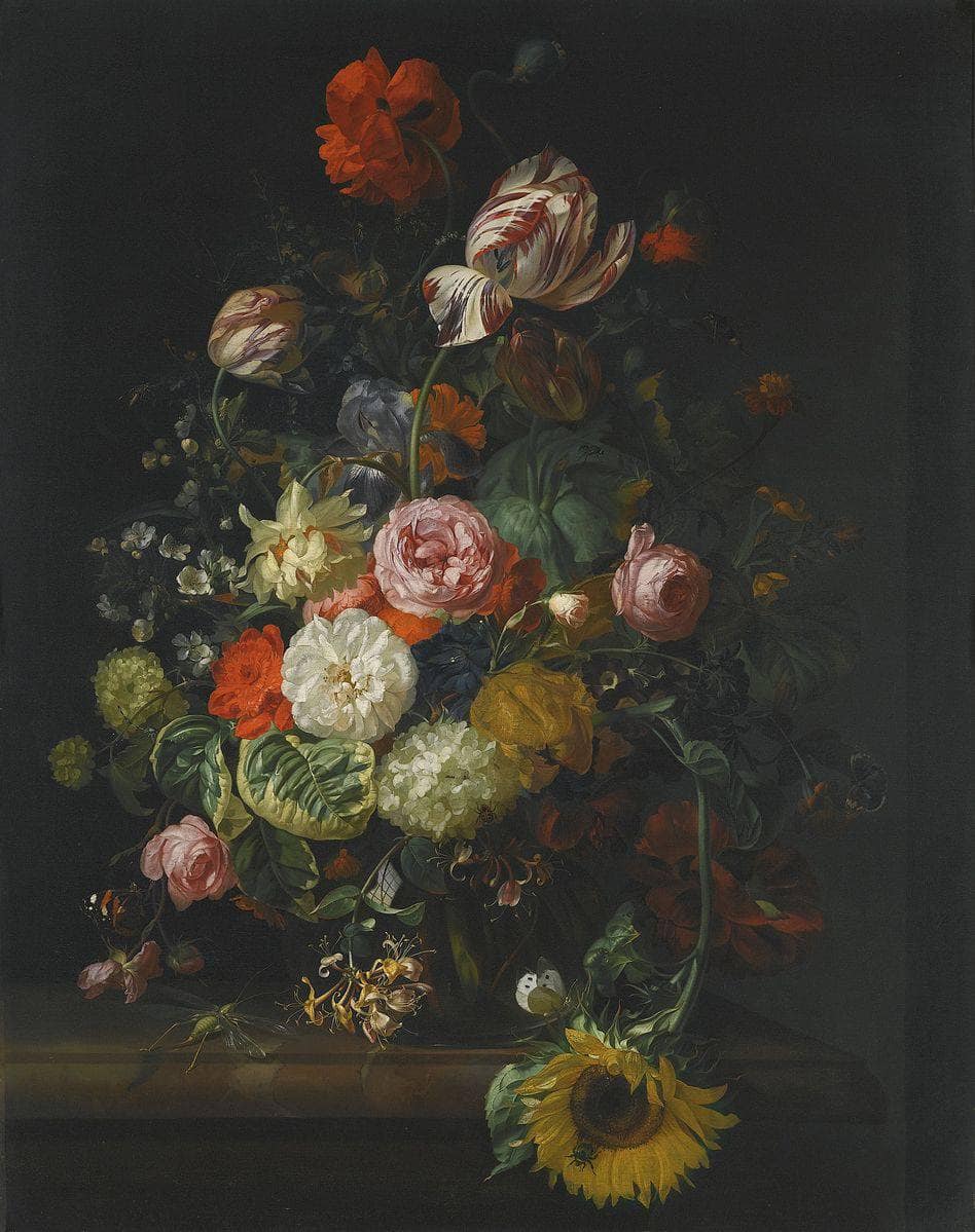 Flowers in a Glass Vase with a Dragonfly, on a Marble Slab by Rachel Ruysch — hand-painted botanical oil painting reproduction on canvas