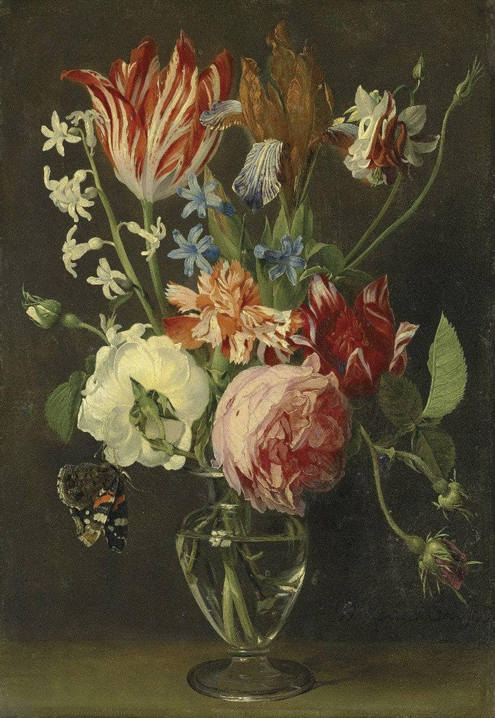 Flowers in a glass vase with a red admiral butterfly by Daniel Seghers — hand-painted still oil painting reproduction on canvas