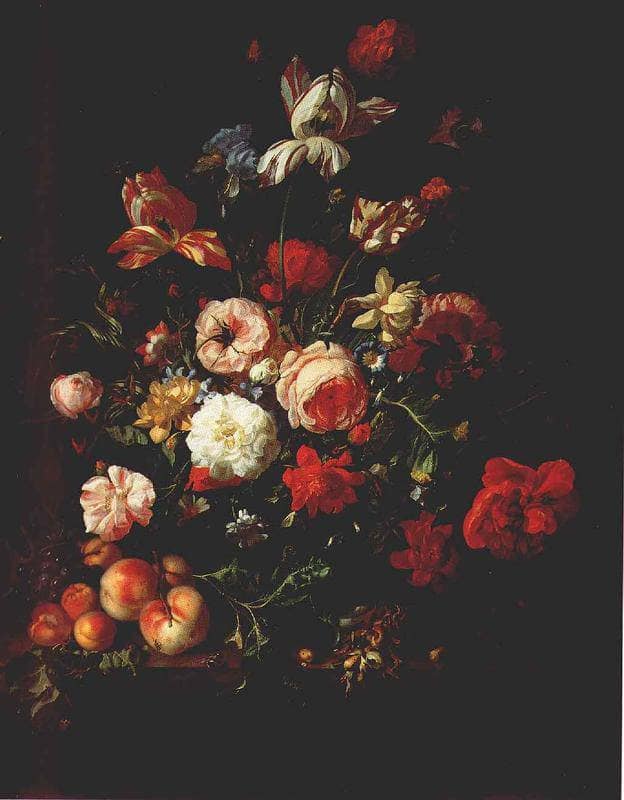 Flowers in a Glass Vase, with Fruit on a Marble Slab by Rachel Ruysch — hand-painted botanical oil painting reproduction on canvas