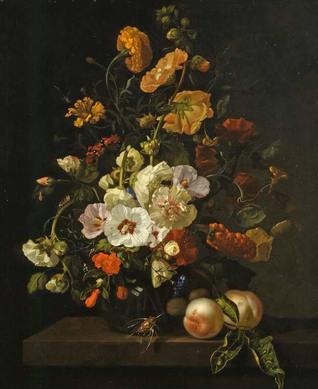 Flowers in a Glass Vase, with Insects and Peaches, on a Marble Tabletop - Rachel Ruysch