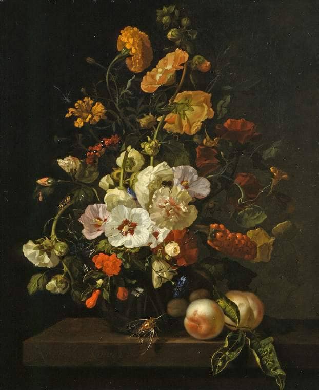 Flowers in a Glass Vase, with Insects and Peaches, on a Marble Tabletop by Rachel Ruysch — hand-painted botanical oil painting reproduction on canvas
