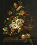 Flowers in a Glass Vase, with Insects and Peaches, on a Marble Tabletop by Rachel Ruysch — flower oil painting wall art, Baroque