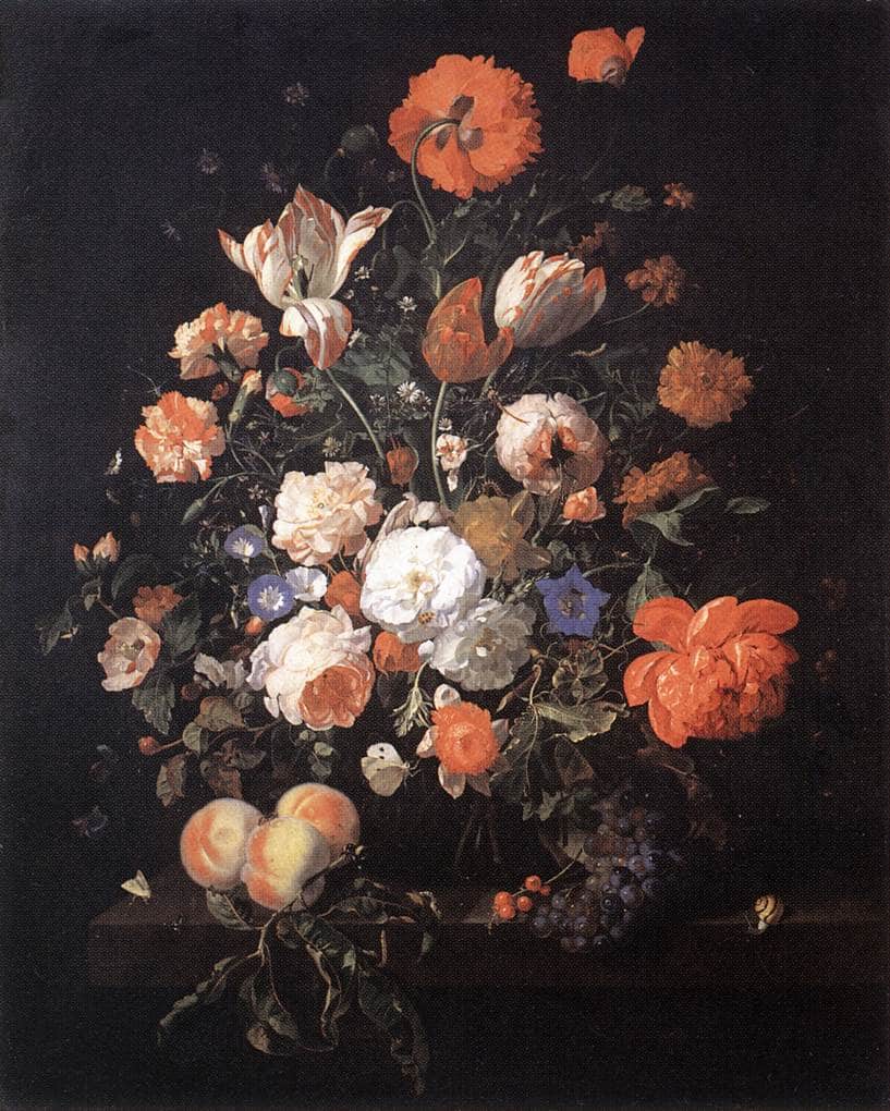 Flowers in a Glass Vase, with Peaches and Red Berries, on a Marble Slab