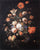 Flowers in a Glass Vase, with Peaches and Red Berries, on a Marble Slab in apartment