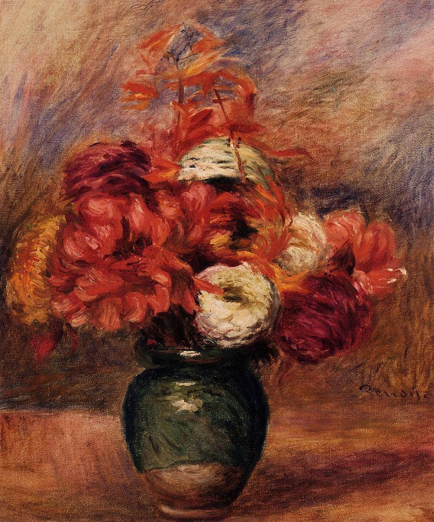 Flowers in a Green Vase Dahlilas and Asters by Pierre-Auguste Renoir — hand-painted photography oil painting reproduction on canvas