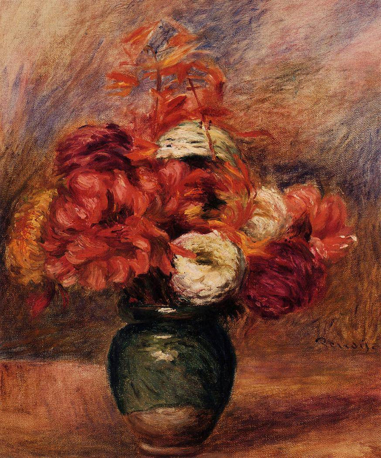 Flowers in a Green Vase Dahlilas and Asters - Pierre-Auguste Renoir