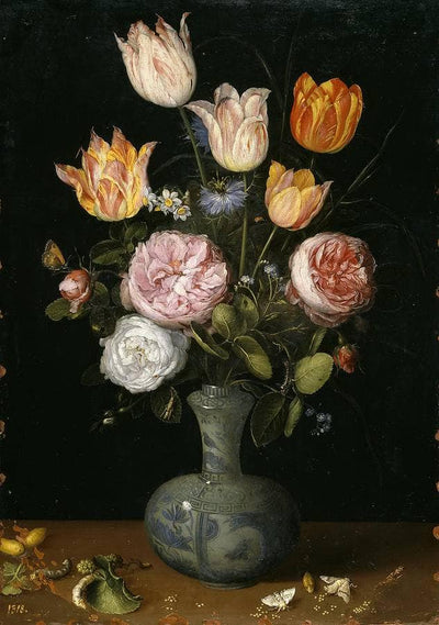 Flowers in a Painted Ceramic Vase with Moths in dining room
