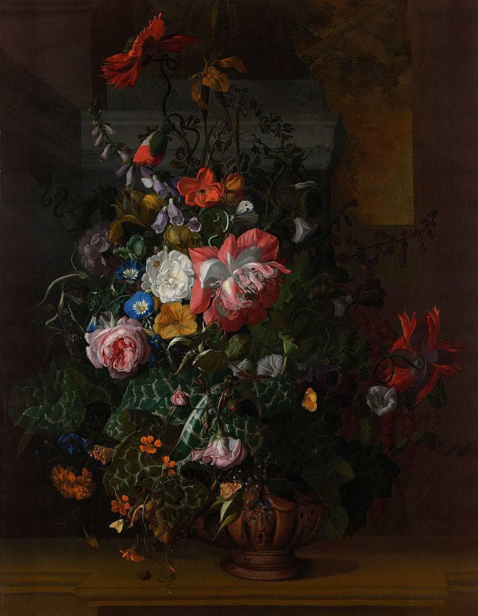 Flowers in a Terracotta Vase on a Stone Balustrade by Rachel Ruysch — hand-painted botanical oil painting reproduction on canvas