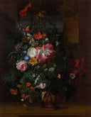 Flowers in a Terracotta Vase on a Stone Balustrade by Rachel Ruysch — flower oil painting wall art, Baroque