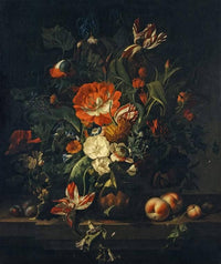 Flowers in a Terracotta Vase with Fruit on a Stone Balustrade