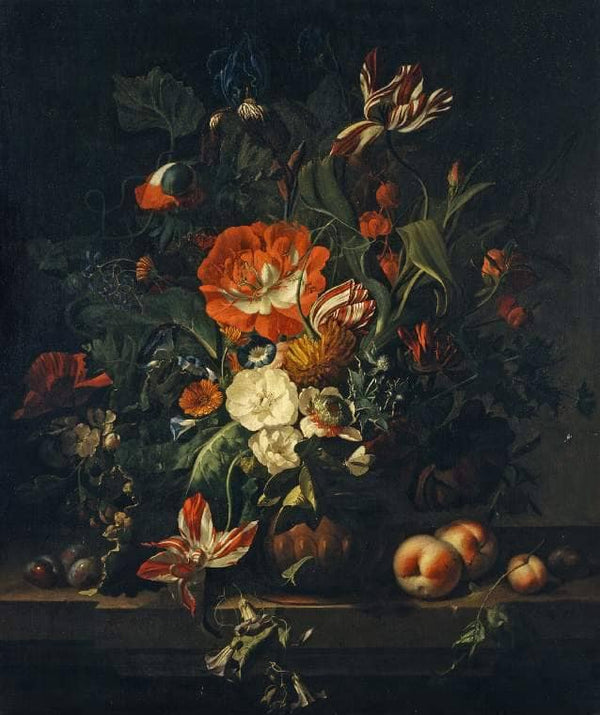 Flowers in a Terracotta Vase with Fruit on a Stone Balustrade