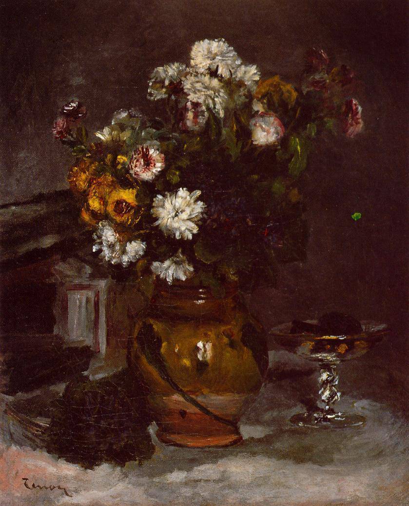 Flowers in a Vase and a Glass of Champagne - Pierre-Auguste Renoir