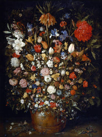 Flowers in a Wooden Vessel by Jan Brueghel the Elder — hand-painted botanical oil painting reproduction on canvas