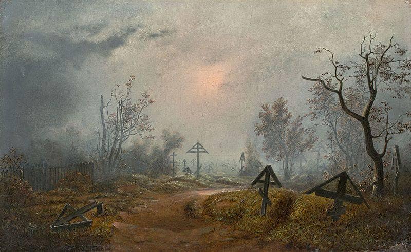 Fog over a Russian cemetery