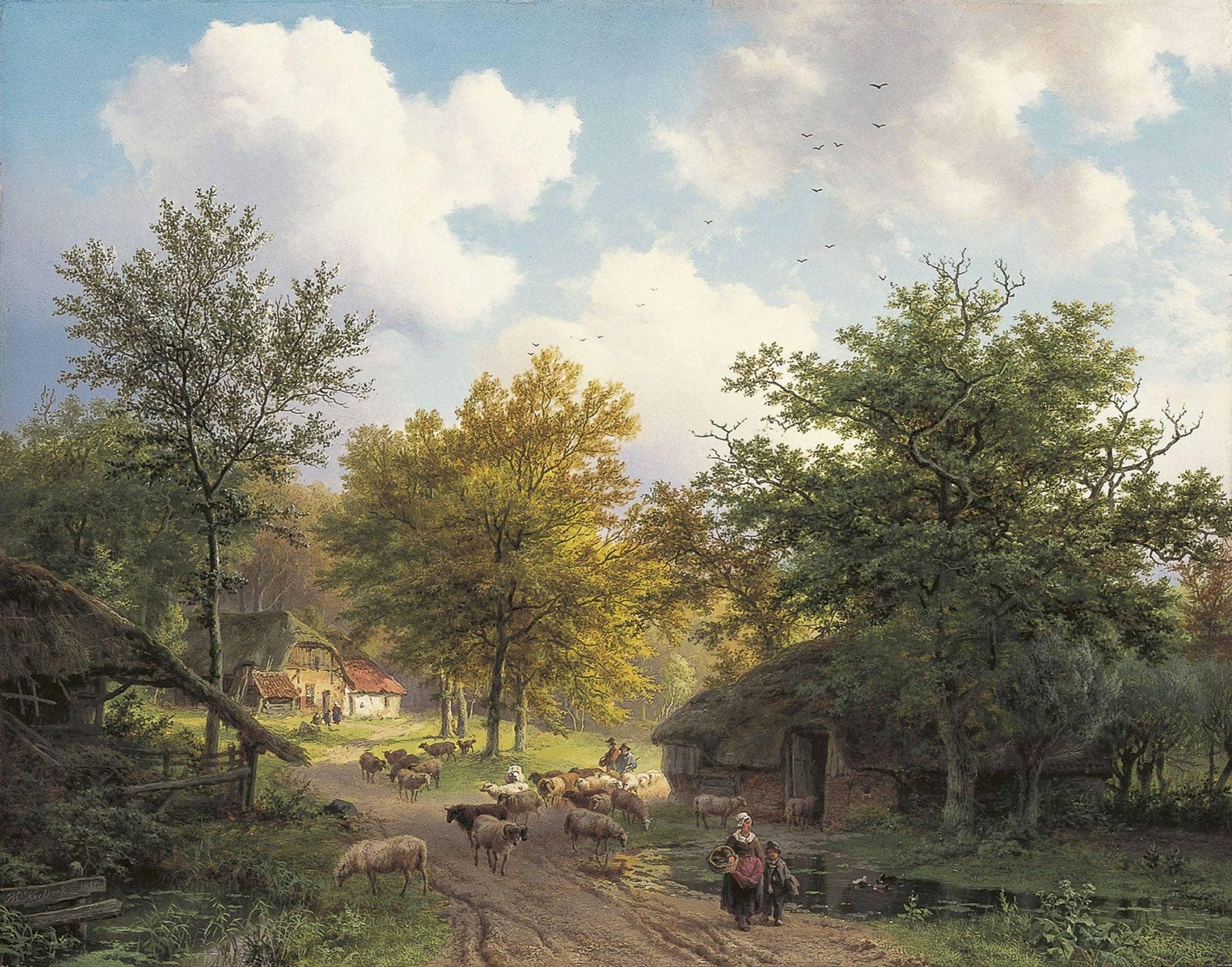 Forest landscape with farm huts and flock near a sheep pen