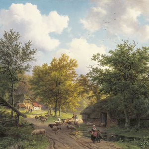 Forest landscape with farm huts and flock near a sheep pen