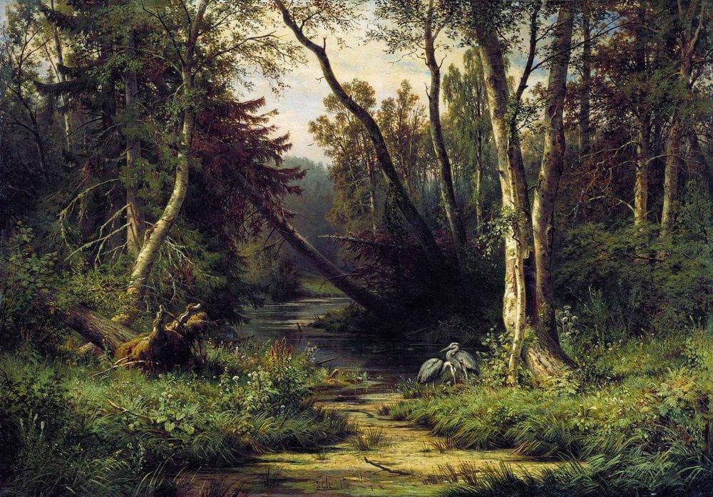 Forest Landscape with Herons by Ivan Shishkin — hand-painted animal oil painting reproduction on canvas