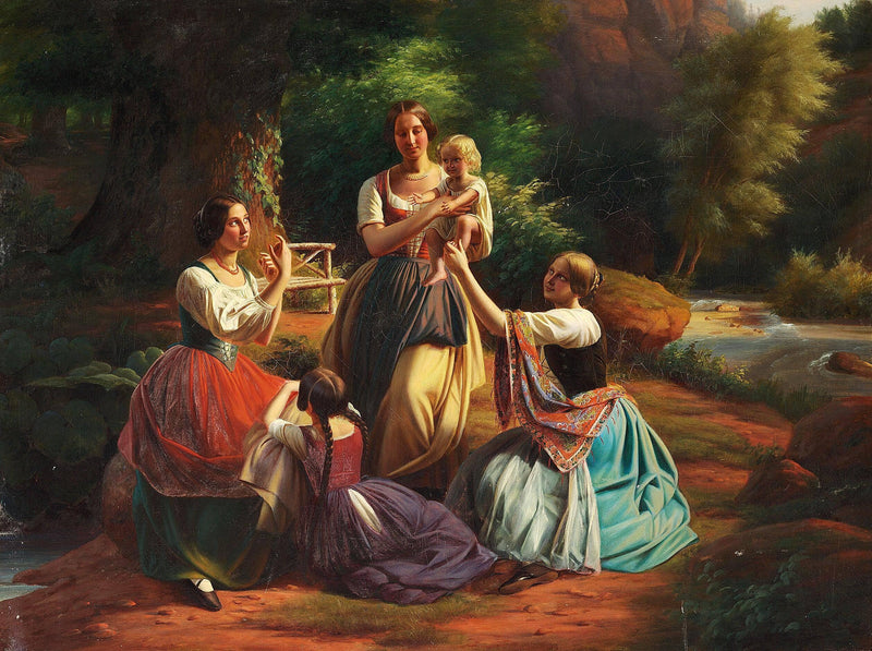 Forest scene with young Italian women and a small child on gallery wrap