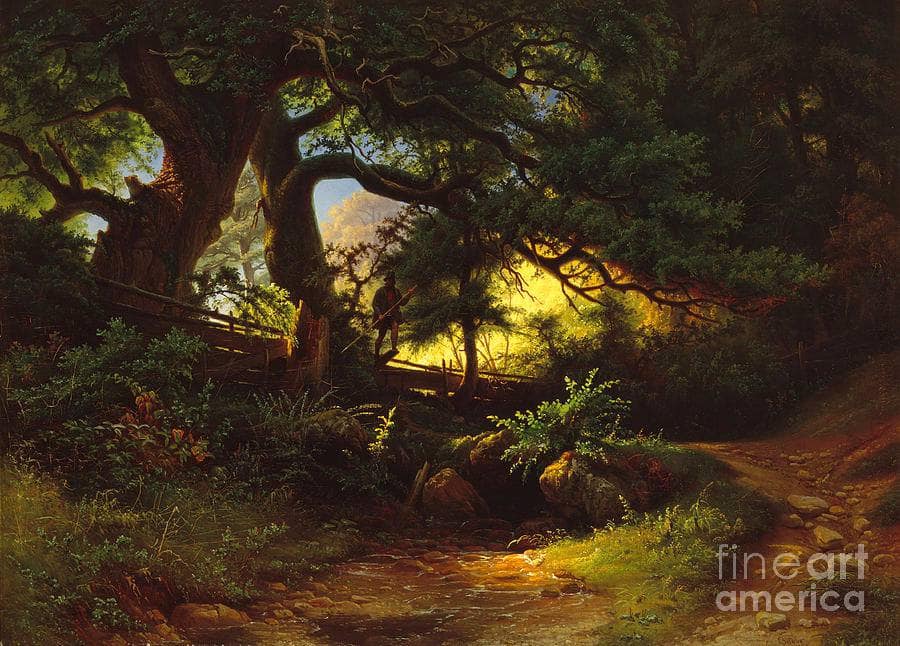 Forest section with lumberjack by Knud Baade — hand-painted landscape oil painting reproduction on canvas