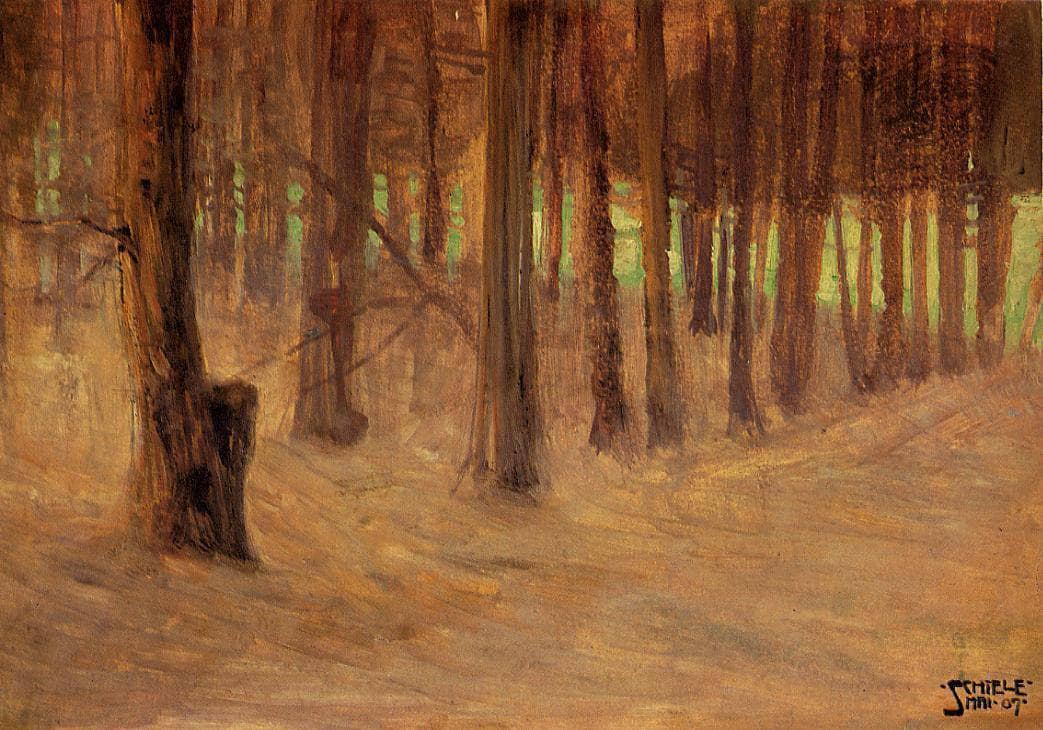 Forest with Sunlit Clearing in the Background by Egon Schiele — hand-painted botanical oil painting reproduction on canvas
