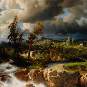 Dramatic landscape with figures and mills