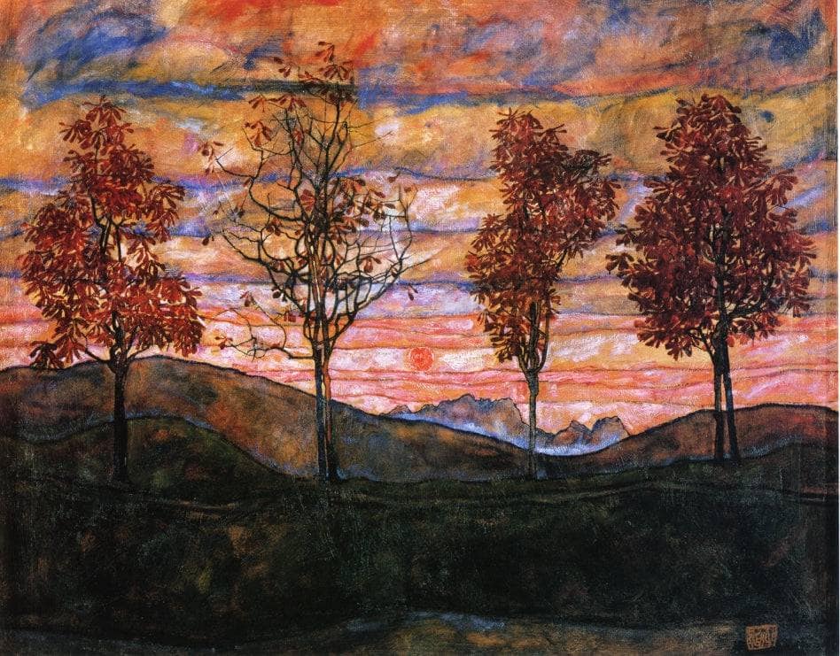 Four Trees by Egon Schiele — hand-painted botanical oil painting reproduction on canvas