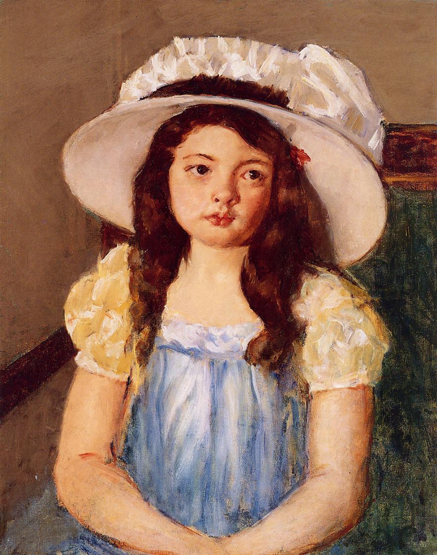Francoise Wearing a Big White Hat by Mary Cassatt, hand-painted portrait oil painting reproduction on canvas