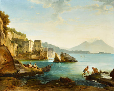 Gulf of Naples with fishermen and mussels gathering in modern living room