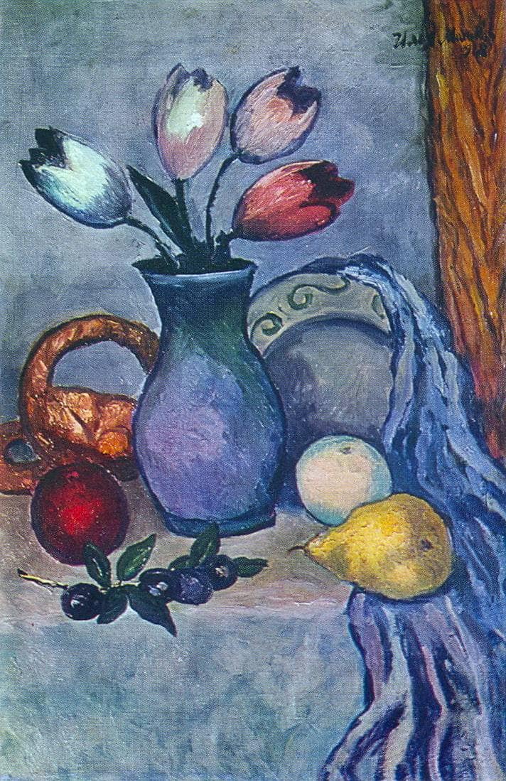 Fruits and Tulips by Ilya Mashkov — hand-painted botanical oil painting reproduction on canvas