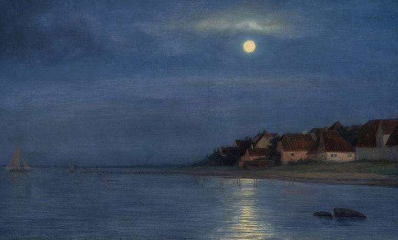 Full moon effect on the sea at Hellebaek - Carl Bloch