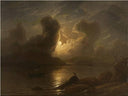 Full moon over river landscape with fishing and sailing boat by Knud Baade — hand-painted landscape oil painting reproduction on canvas