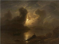 Full moon over river landscape with fishing and sailing boat by Knud Baade — hand-painted landscape oil painting reproduction on canvas