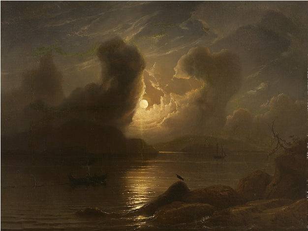 Full moon over river landscape with fishing and sailing boat - Knud Baade