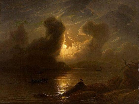 Full Moon over the River by Knud Baade — hand-painted landscape oil painting reproduction on canvas