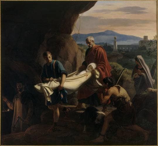 Funeral of a young martyr in the catacombs in Rome during the time of persecution