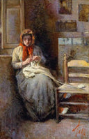 Gabbro woman knitting the sock by Silvestro Lega — hand-painted portrait oil painting reproduction on canvas