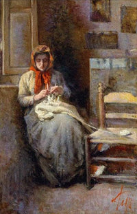 Gabbro woman knitting the sock by Silvestro Lega — hand-painted portrait oil painting reproduction on canvas