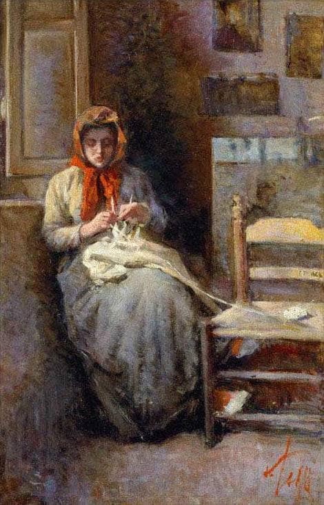 Gabbro woman knitting the sock by Silvestro Lega — hand-painted portrait oil painting reproduction on canvas