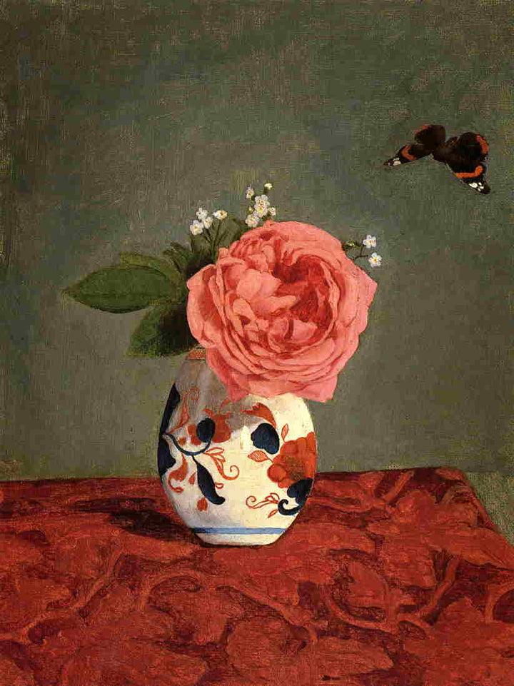 Garden Rose and Blue Forget Me Nots in a Vase by Gustave Caillebotte — hand-painted botanical oil painting reproduction on canvas