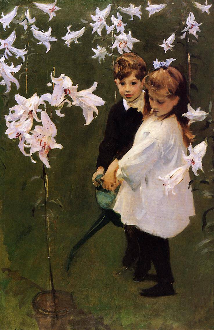 Garden Study of the Vickers Children by John Singer Sargent, hand-painted botanical oil painting reproduction on canvas