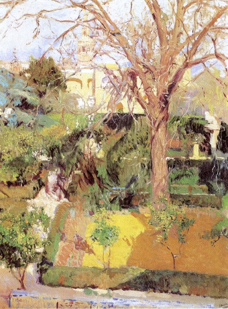 Gardens of the Alcázar of Seville in Wintertime by Joaquín Sorolla — hand-painted botanical oil painting reproduction on canvas