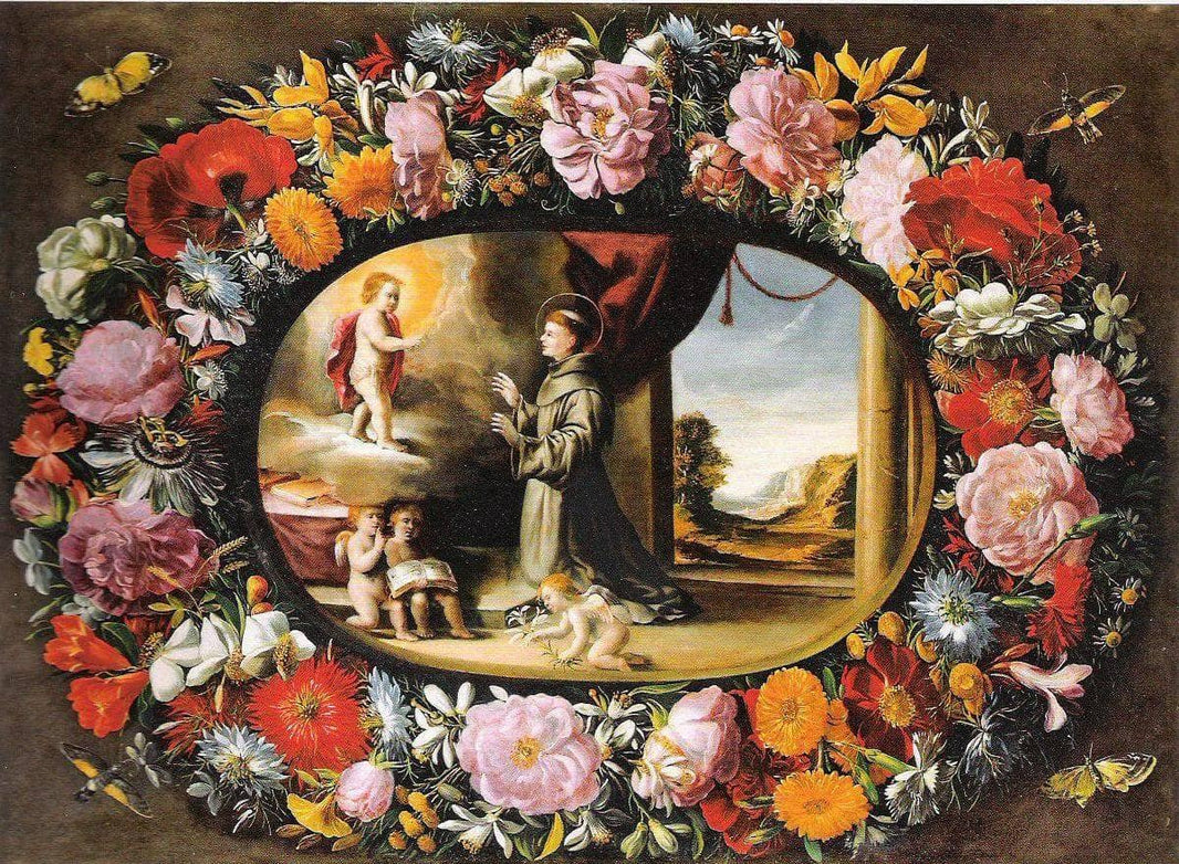 Garland With The Vision Of Saint Anthony Of Padua by Juan van der Hamen — hand-painted still oil painting reproduction on canvas