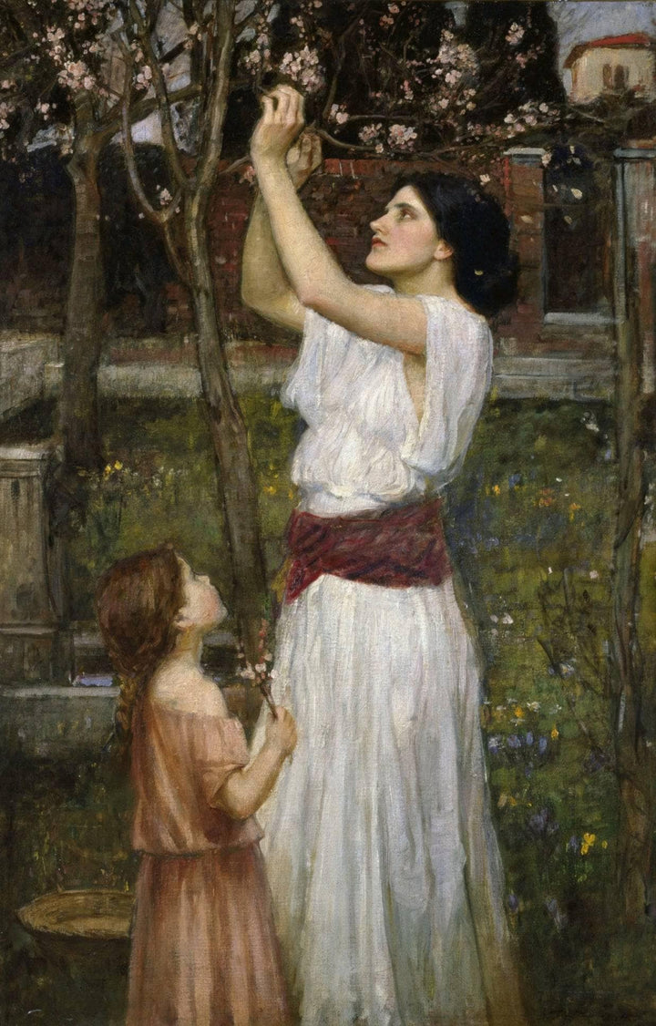 Gathering Almond Blossoms by John William Waterhouse — hand-painted botanical oil painting reproduction on canvas