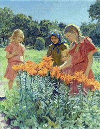 Gathering the Flowers by Nikolay Bogdanov-Belsky — hand-painted botanical oil painting reproduction on canvas