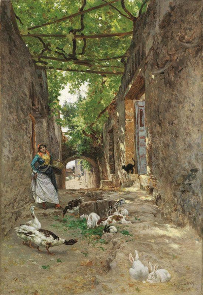 Geese and rabbits in the yard by Aurelio Tiratelli — oil painting reproduction